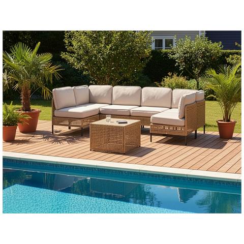 Divano Da Giardino A Forma Di U 6 Posti Omegana Modulare Beige Chiaro - Foto 1