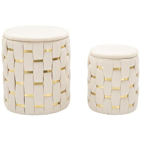 Set 2 Pouf Contenitore Shanty In Velluto Crema Con Fascia Dorata Ø37x42 E Ø28x35 Cm - Foto 1