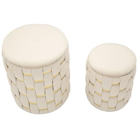 Set 2 Pouf Contenitore Shanty In Velluto Crema Con Fascia Dorata Ø37x42 E Ø28x35 Cm - Foto 2