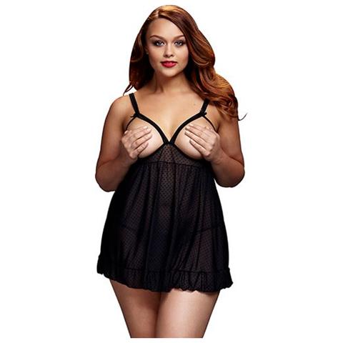 Babydoll & Reggiseno Senza Coppe & Mutanda Trasparente Nero Taglia Grande Baci Lingerie Bw3104 - Foto 1