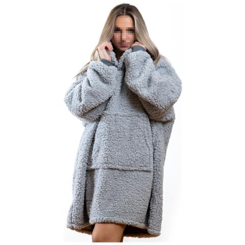 Felpa Plaid Inverno Coperta Agnellata Sherpa Con Tasca Tinta Unita Fluffy Felpone Grigio - Foto 1