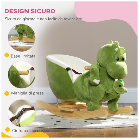 Cavallo a Dondolo per Bambini 18-36 Mesi a Dinosauro con Suoni e Rivestimento Morbido, Verde - Foto 6