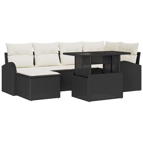 Set da Giardino 7 Pezzi con Cuscini Nero Polyrattan - Foto 1