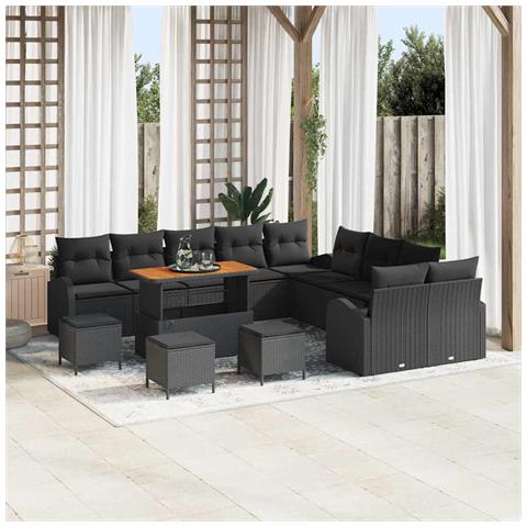 Set di divani da giardino  14 pezzi con cuscini neri in polyrattan, Divano da giardino  2 posti con cuscini neri in polyrattan, Set di pranzo da giardino  4 pezzi con cuscini neri in polyrattan - Foto 2