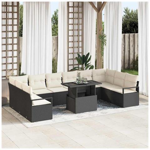 Set di Divani da Giardino da 11 Pezzi con Cuscini in Polyrattan Nero,  Divano da Giardino da Due Posti con Stoccaggio & Cuscini in Polyrattan Nero - Foto 2