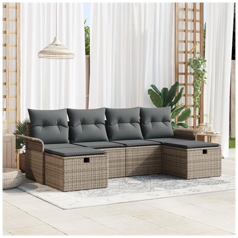 Set di Divano da Giardino da 6 Pezzi con Cuscini Grigio Rattan Sintetico - Foto 2