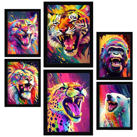 Set Di 6 Stampe Ritratto Di Animali Selvatici, Illustrazioni Vivaci In Stile Acquerello Di Animali Sorridenti, Design D'interni A3 & A4 Senza Cornice - Foto 1
