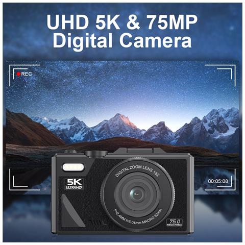 Fotocamera Digitale 5k Ultra Hd - Nera, 75mp, Zoom 18x, Wifi, Con Scheda 32gb, Adattatore E Lettore Type-c - Foto 6
