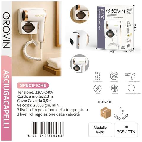 Asciugacapelli Asciuga Capelli Hotel Grov 1800w Phon Albergo Parete Muro G-607 - Foto 3