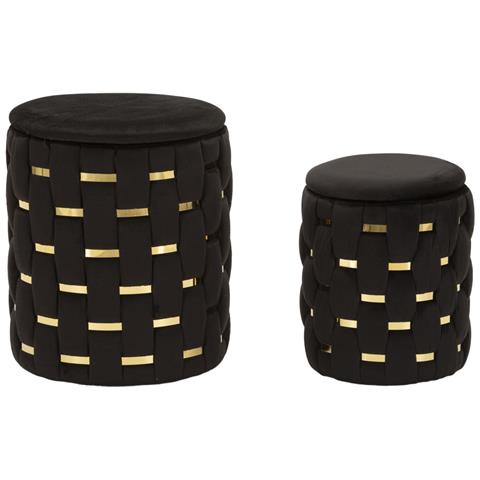 Set 2 Pouf Contenitore Shanty In Velluto Nero Con Fascia Dorata Ø37x42 E Ø28x35 Cm - Foto 1