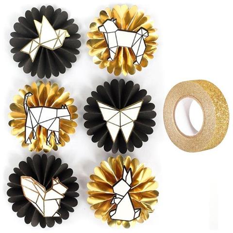 6 Adesivi 3d Animali & Origami + Washi Tape Dorato 5 M - Foto 2