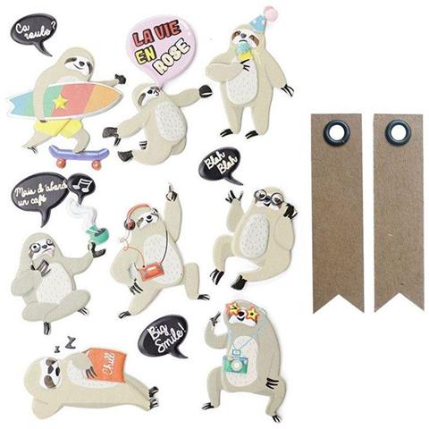 15 Adesivi 3d - Bradipo + 20 Etichette Kraft Con Gagliardetto - Foto 1