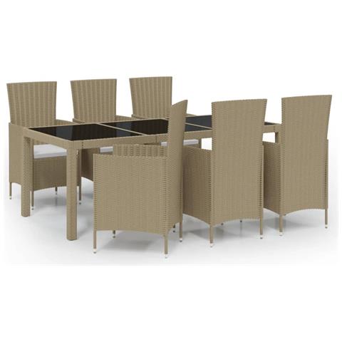 Set Mobili Da Pranzo Giardino 7 Pz Con Cuscini Polyrattan Beige - Foto 1