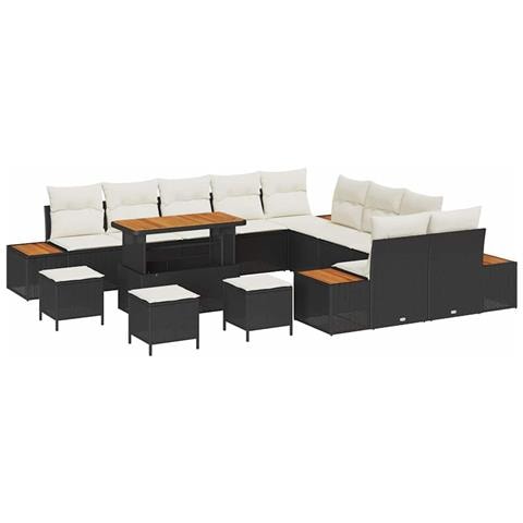 Set di Divani da Giardino  14 Pezzi con Cuscini Nero Polirattan Acacia, Set di Pranzo da Giardino  4 Pezzi con Cuscini Nero Polirattan Acacia - Foto 1