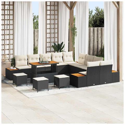 Set di Divani da Giardino  14 Pezzi con Cuscini Nero Polirattan Acacia, Set di Pranzo da Giardino  4 Pezzi con Cuscini Nero Polirattan Acacia - Foto 2