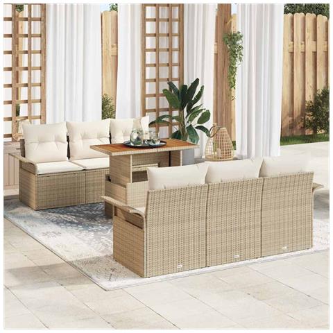 Set di Divano da Giardino da 7 Pezzi con Cuscini Beige in Rattan Polietilene - Foto 2