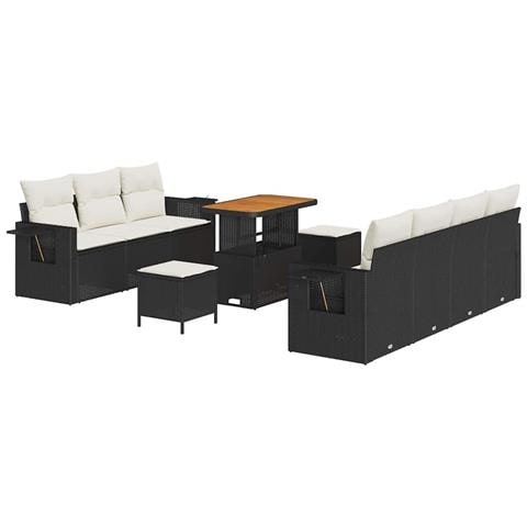 Set Divano da Giardino 10 Pezzi con Cuscini Polyrattan Nero Acacia, Set da Pranzo da Giardino 3 Pezzi con Cuscini Polyrattan Nero Acacia - Foto 1