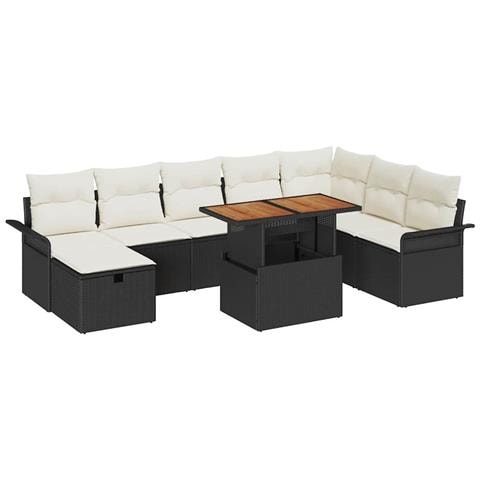 Set Divano da Giardino 9 Pezzi con Cuscini Nero Polyrattan - Foto 1