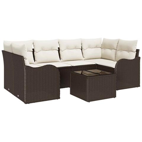 Set Divano da Giardino di 7 Pezzi  con Cuscini Marrone Polyrattan, Divano da Giardino a 2 Posti  con Cuscini Marrone Polyrattan - Foto 1