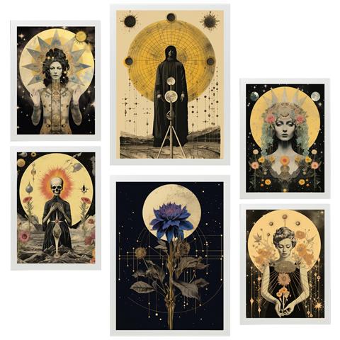 Set Di 6 Stampe Dipinto Decorativo Collage Surreale In Mistico Ed Esoterico Stella Incorniciata Con Illustrazioni A3 & A4 Cornice Bianca - Foto 1