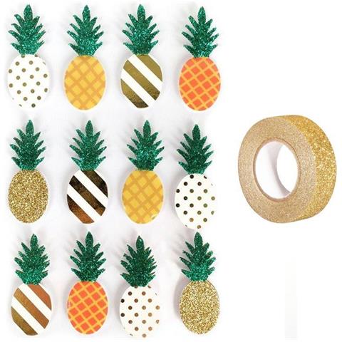 12 Adesivi 3d Ananas 4,5 Cm + Washi Tape Dorato 5 M - Foto 2