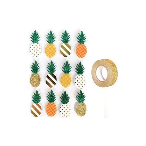 12 Adesivi 3d Ananas 4,5 Cm + Washi Tape Dorato 5 M - Foto 1