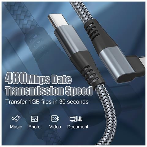 Cavo Usb-c Con Connettore Angolato Caricabatterie Rapido Da 60 W Grey 3 M - Foto 5