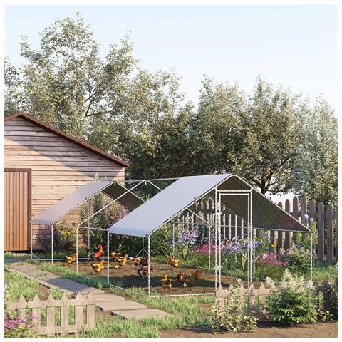 Pollaio Da Giardino Con Telaio Zincato, Copertura Impermeabile E Rete Esagonale, 3x8x2m, Argento - Foto 2