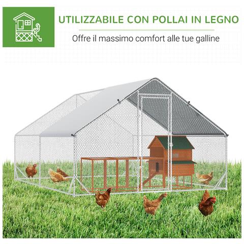 Pollaio Da Giardino Con Telaio Zincato, Copertura Impermeabile E Rete Esagonale, 3x8x2m, Argento - Foto 6