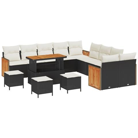 Set di divani da giardino  14 pezzi con cuscini nero polyrattan acacia, Divano da giardino  2 posti con cuscini nero polyrattan, Set da pranzo da giardino  4 pezzi con cuscini nero polyrattan acacia - Foto 1