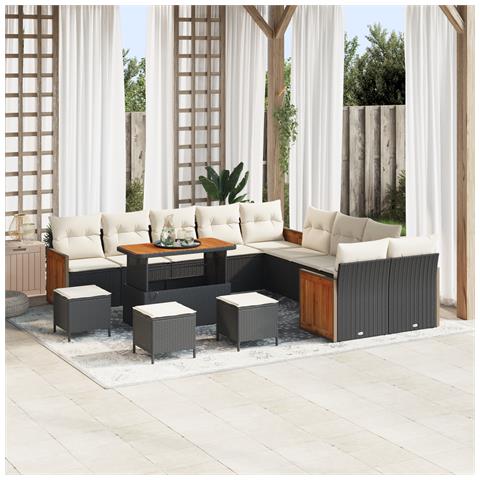 Set di divani da giardino  14 pezzi con cuscini nero polyrattan acacia, Divano da giardino  2 posti con cuscini nero polyrattan, Set da pranzo da giardino  4 pezzi con cuscini nero polyrattan acacia - Foto 2