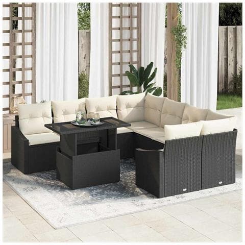 Set Divano da Giardino 9 Pezzi con Cuscini Nero Polyrattan - Foto 2