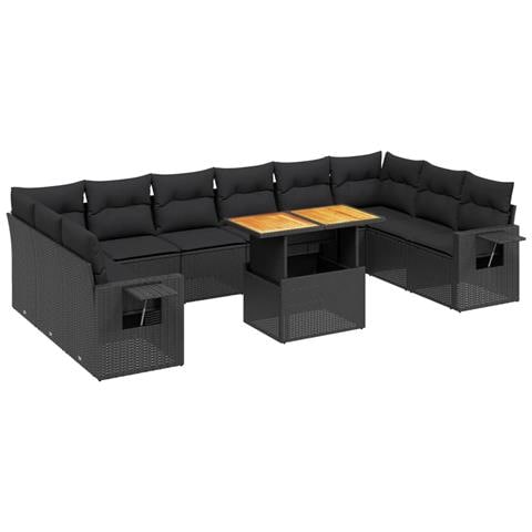 Set Divani da Giardino 11 pz con Cuscini in Polyrattan Nero - Foto 1