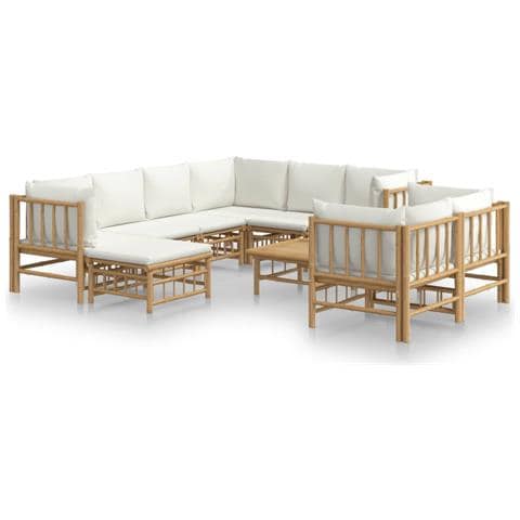 Set Salotto da Giardino 10pz con Cuscini Bianco Crema in Bambù - Foto 1