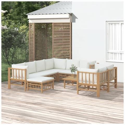 Set Salotto da Giardino 10pz con Cuscini Bianco Crema in Bambù - Foto 2