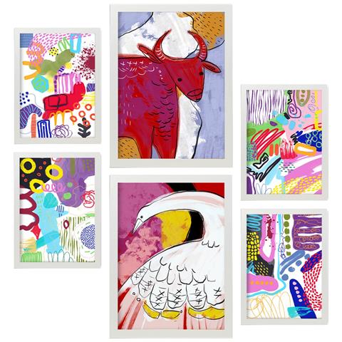 Set Di 6 Stampe Si Distingue 2 In Animali Astratti Dipinti Decorativi Estetici Per Il Tuo Soggiorno, Camera Da Letto, Casa A3 & A4 Cornice Bianca - Foto 1