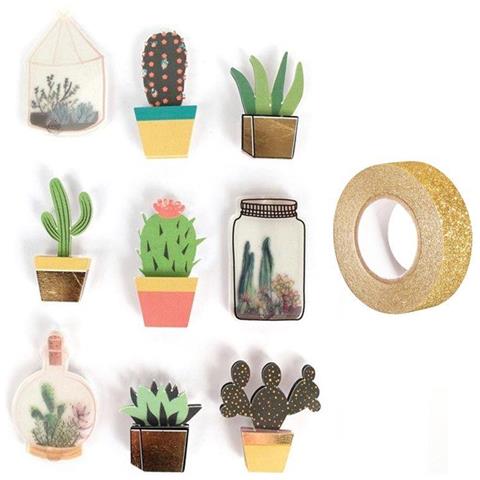 9 Adesivi 3d Botanica E Cactus 4 Cm + Washi Tape Dorato 5 M - Foto 2