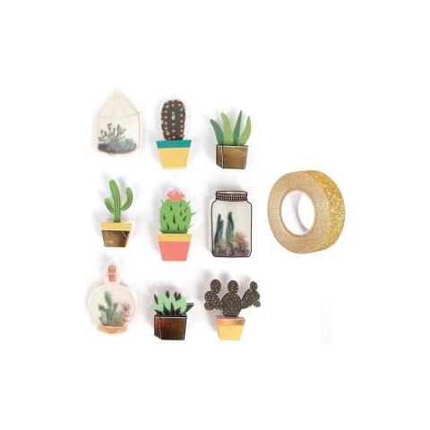 9 Adesivi 3d Botanica E Cactus 4 Cm + Washi Tape Dorato 5 M - Foto 1