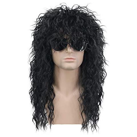 , Parrucca In Metallo Rocker Anni 70 E 80, Da Uomo, Lunga E Riccia, Nera, Da Festa, Per Costume Di Halloween, Parrucca Anime - Foto 1
