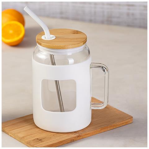 Barattolo /brocca In Vetro Da 1,6 L. Custodia In Silicone. Coperchio In Bambù E Cannuccia In Acciaio 12x12x19,2 Cm. Colore Bianco - Foto 2