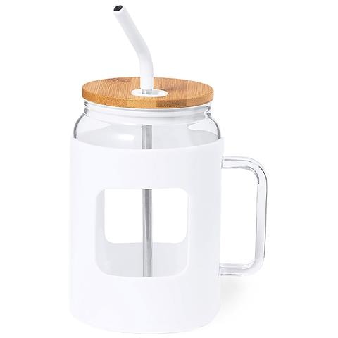 Barattolo /brocca In Vetro Da 1,6 L. Custodia In Silicone. Coperchio In Bambù E Cannuccia In Acciaio 12x12x19,2 Cm. Colore Bianco - Foto 1