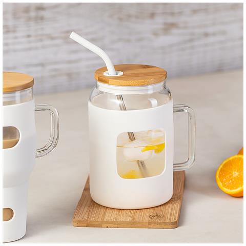 Barattolo /brocca In Vetro Da 1,6 L. Custodia In Silicone. Coperchio In Bambù E Cannuccia In Acciaio 12x12x19,2 Cm. Colore Bianco - Foto 5