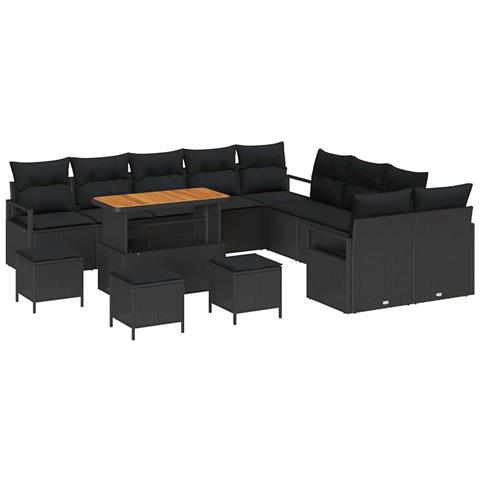 Set di divani da giardino  14 pezzi con cuscini Polyrattan Nero Acacia, Divano da giardino  2 posti con cuscini Polyrattan Nero, Set da pranzo da giardino  4 pezzi con cuscini Polyrattan Nero Acacia - Foto 1