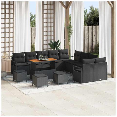 Set di divani da giardino  14 pezzi con cuscini Polyrattan Nero Acacia, Divano da giardino  2 posti con cuscini Polyrattan Nero, Set da pranzo da giardino  4 pezzi con cuscini Polyrattan Nero Acacia - Foto 2