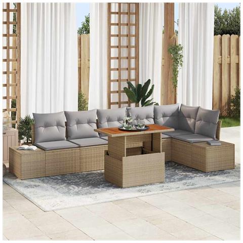 Set di Divano da Giardino da 7 Pezzi con Cuscini Beige Rattan - Foto 2