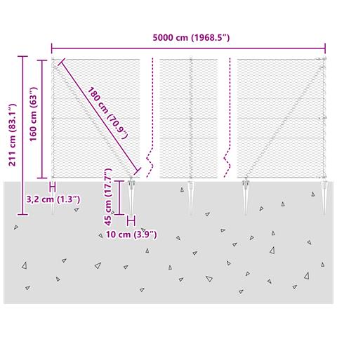 Recinzione Esagonale Grigio 1.6x50 m Acciaio, Paletti per Recinzione con Punta 13 pz Ø32 mm 180 cm Acciaio Zincato - Foto 9