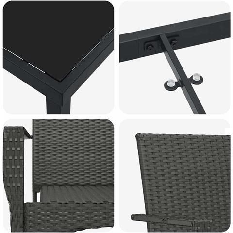 Set da Pranzo per Giardino con cuscino 3 pcs Nero Poly Rattan - Foto 9