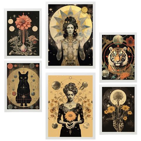 Set Di 6 Stampe Dipinto Decorativo Collage Surreale In Femminile Mistico Ed Esoterico Incorniciato Con Illustrazioni A3 & A4 Cornice Bianca - Foto 1