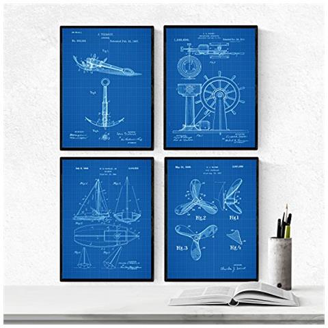 Set Di 4 Stampe Sfondo Blu Brevetto Elica Ancora Timone Barca A Vela Manifesti Con Invenzioni E Vecchi Brevetti Sport Acquatici Ed Senza Cornice A4 - Foto 1