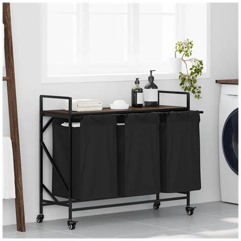 Cesto della Biancheria 3 Scomparti con Ruote Rovere Marrone - Foto 2